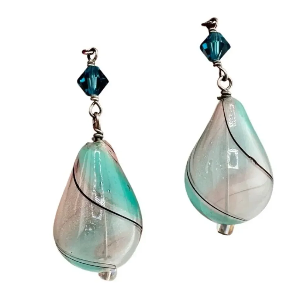Handblown Aqua Glass Swirl Teardrop Blue Crystal Bead 1.75